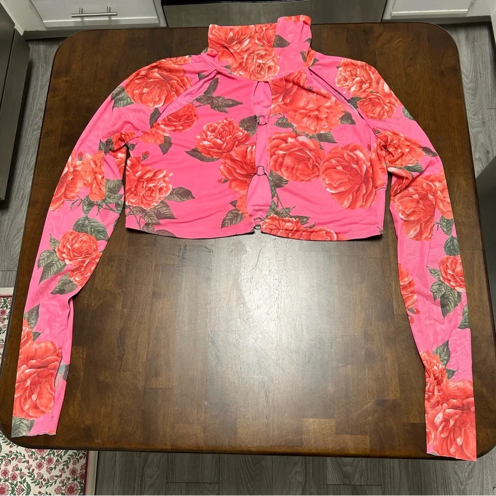 AFRM Maui Mesh Cutout Crop Turtleneck Top in Pink Bouquet Size XL
